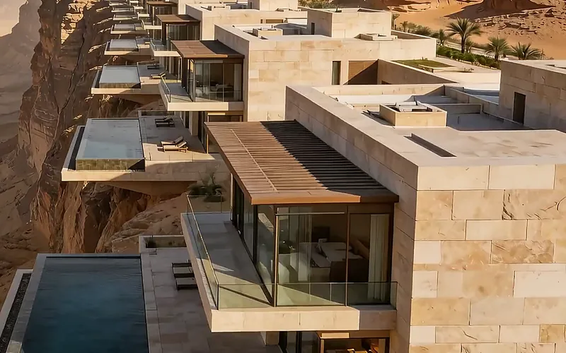 نموذج القمة بكتلته الحجرية وشرفته الزجاجية فوق الجرف